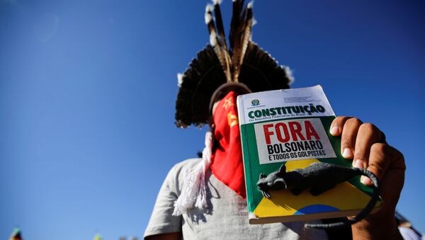 Manifestante segura um livro da Constituição Federal com os dizeres Fora Bolsonaro em ato em Brasília - Sputnik Brasil