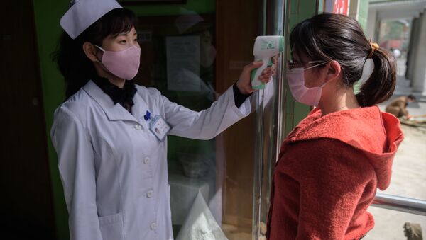 Agente sanitário mede temperatura de mulher na porta de hospital em Pyongyang, Coreia do Norte - Sputnik Brasil
