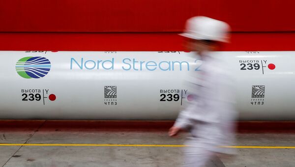 Logotipo do projeto Nord Stream 2 é visto em planta de laminação de tubos na Rússia - Sputnik Brasil