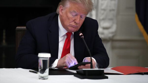 Em Washington, o presidente dos Estados Unidos, Donald Trump, mexe em seu celular durante um evento com governadores para discutir a reabertura de pequenos comércios em meio à pandemia da COVID-19, em 18 de junho de 2020. - Sputnik Brasil