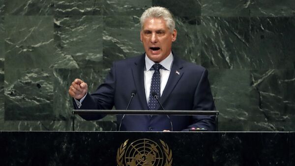 Em Nova York, o então presidente do Conselho de Ministros de Cuba, Miguel Díaz-Canel Bermudez, discursa durante a 73ª sessão da Assembleia Geral da Organização das Nações Unidas (ONU), em 26 de setembro de 2018. - Sputnik Brasil