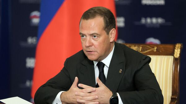 Dmitry Medvedev, vice-presidente do Conselho de Segurança da Federação da Rússia, durante uma videoconferência - Sputnik Brasil