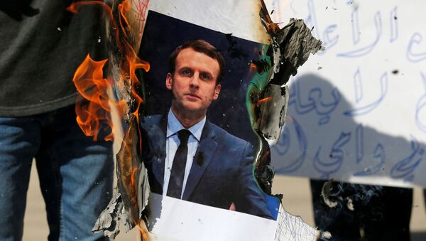 Foto do presidente da França, Emmanuel Macron, é queimada durante protesto na Cisjordânia ocupada, Hebron, 27 de outubro de 2020   - Sputnik Brasil