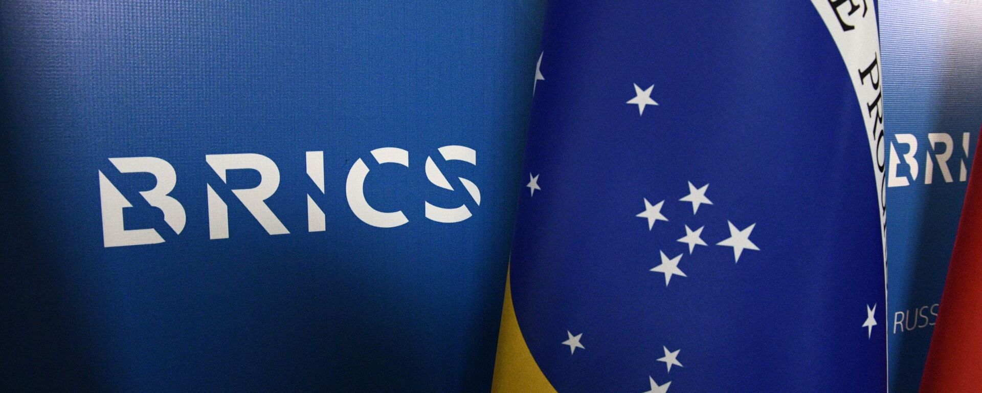 Bandeira do Brasil ao lado do logotipo do BRICS durante fórum em São Petersburgo, na Rússia, em 30 de outubro de 2020 - Sputnik Brasil, 1920, 06.06.2024