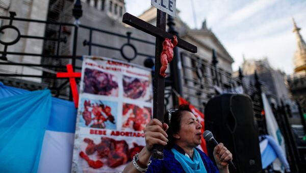 Manifestante protesta contra projeto de lei de legalização do aborto na Argentina - Sputnik Brasil