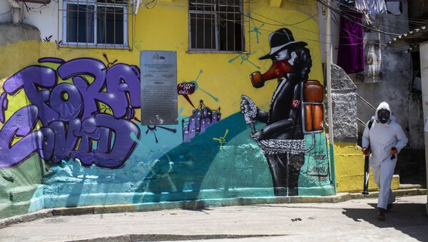 Voluntário realiza higienização contra o coronavírus na favela Santa Marta, no Rio de Janeiro - Sputnik Brasil
