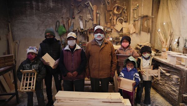 Família usa máscara em sua carpintaria, em El Alto, Bolívia, 29 de agosto de 2020 - Sputnik Brasil