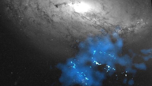 Uma galáxia anã de maré azul e uma galáxia espiral cinza - Sputnik Brasil