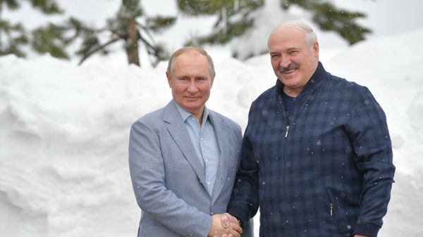 Presidente russo Vladimir Putin cumprimenta seu homólogo bielorrusso Aleksandr Lukashenko durante encontro em Sochi, Rússia - Sputnik Brasil