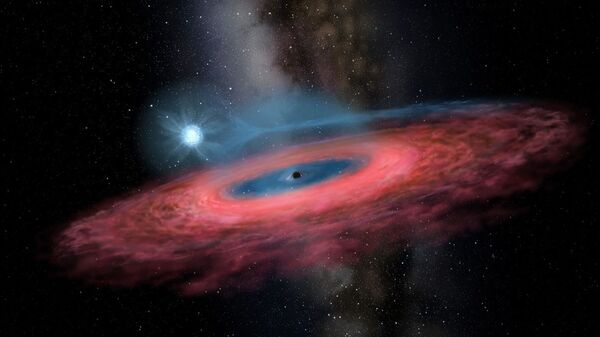 Figura LB-1: Acreção do gás dentro de um buraco negro estelar a partir de sua estrela companheira azul,  através de uma acreção truncada no disco (representação artística) - Sputnik Brasil