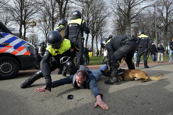 Policiais durante detenção de um manifestante antigovernamental em Haia, Países Baixos
 - Sputnik Brasil