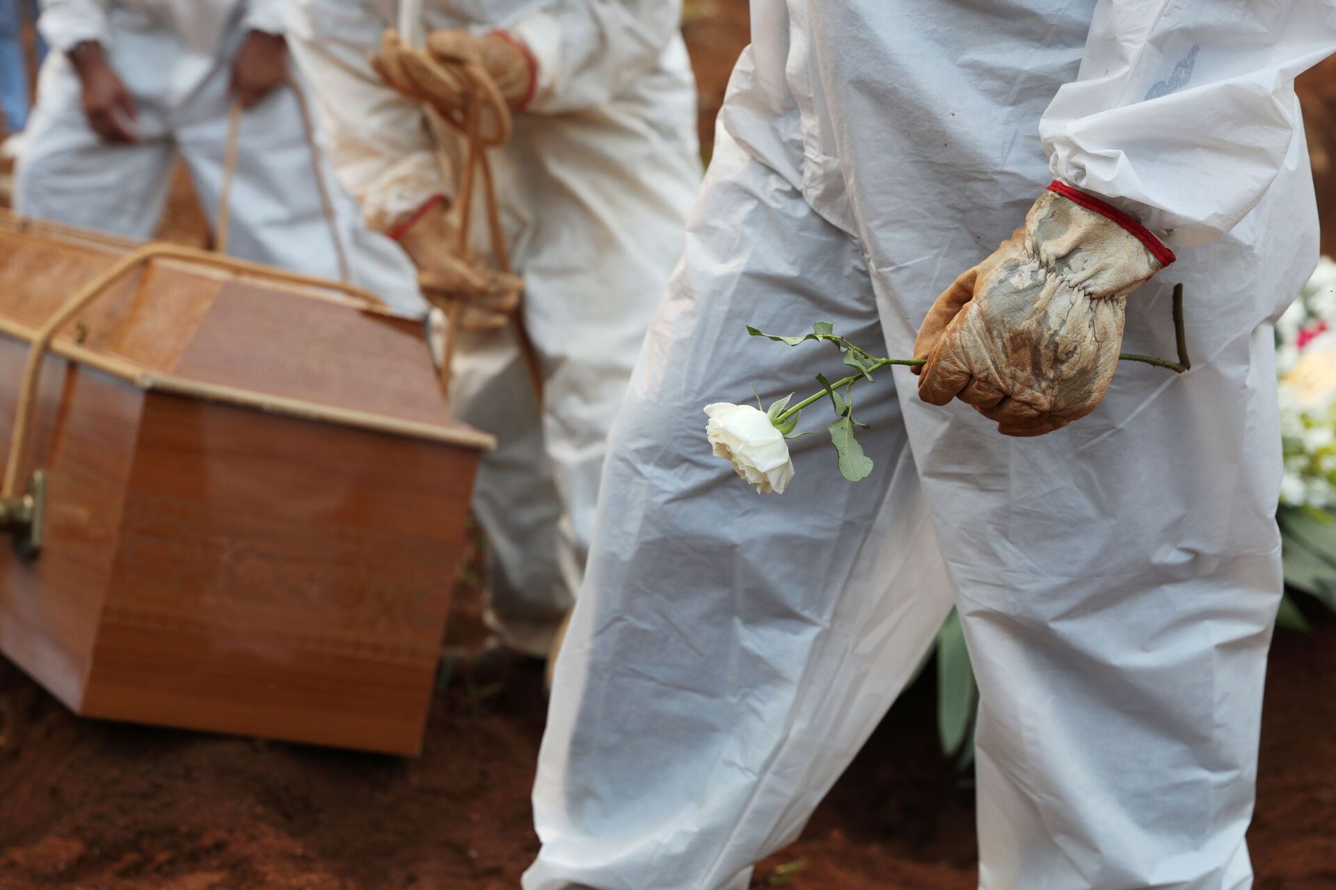 Coveiro com traje de proteção segura flor durante enterro de pessoa falecida por COVID-19 no Cemitério da Vila Formosa, em São Paulo, no Brasil, no dia 23 de março de 2021 - Sputnik Brasil, 1920, 31.12.2021