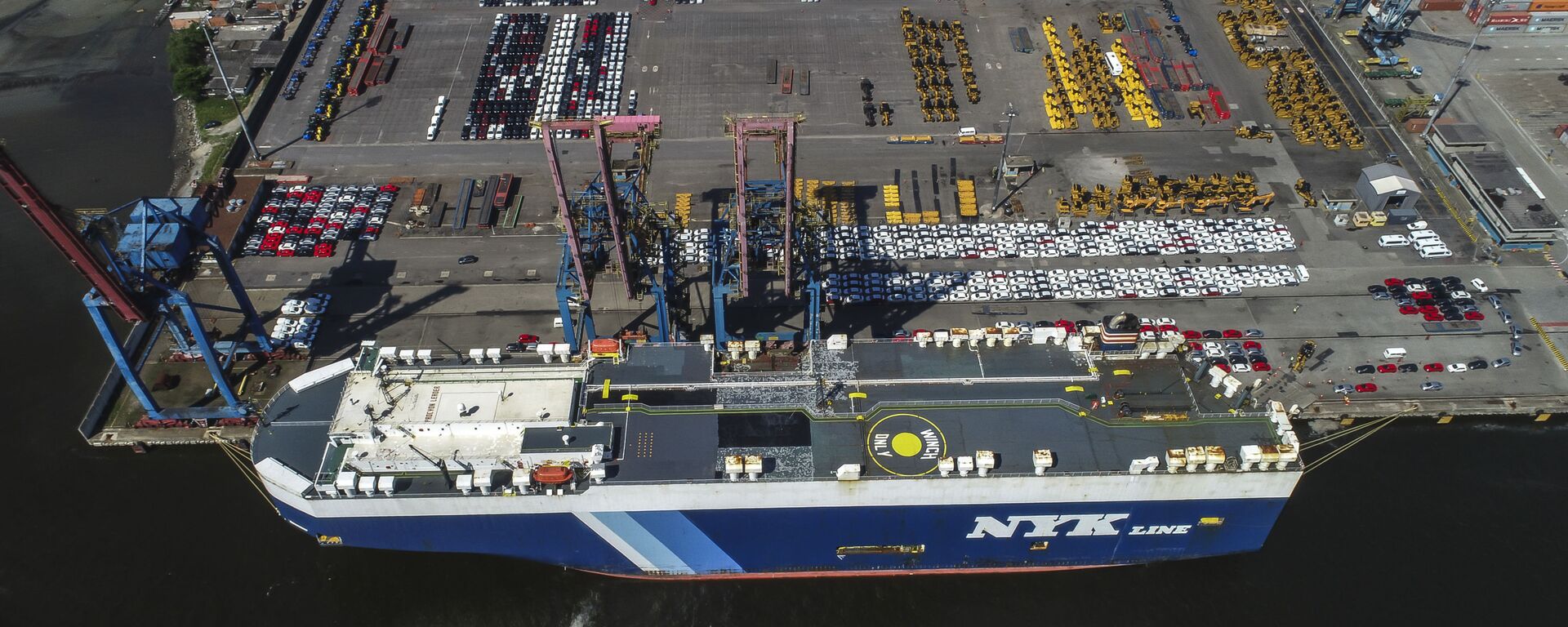 Navio atracado no terminal de importação e exportação de veículos do porto de Santos, em São Paulo, é carregado - Sputnik Brasil, 1920, 04.07.2024