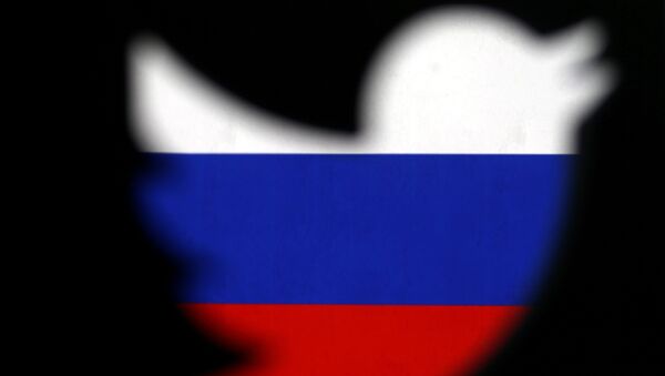 Logotipo do Twitter impresso em 3D exibido em frente à bandeira russa - Sputnik Brasil