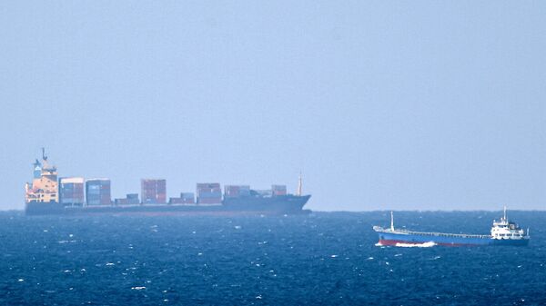 Um navio de carga não identificado navega em direção ao estreito de Ormuz ao largo da costa de Khasab, Omã (foto tirada em 15 de janeiro de 2012). O Irã informou que seu navio Saviz ficou danificado após sofrer uma explosão no mar Vermelho - Sputnik Brasil