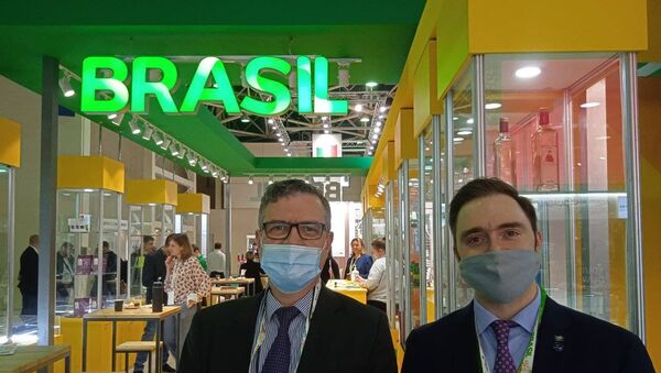 O diretor do escritório da Apex-Brasil em Moscou, Almir Américo (à esquerda), e o analista Arsen Sogoyan, durante a feira Prodexpo, em Moscou, Rússia, 14 de abril de 2014 - Sputnik Brasil