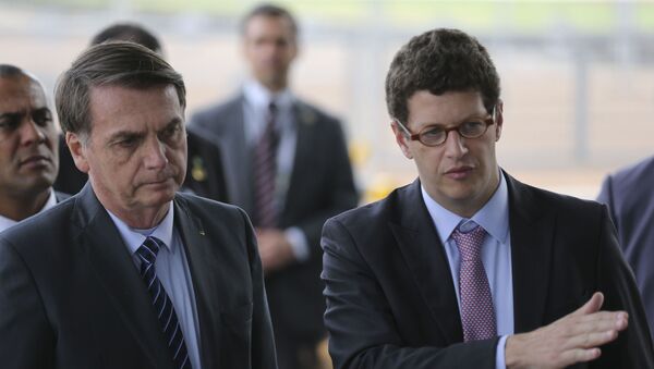 O presidente brasileiro, Jair Bolsonaro, e o ministro do Meio Ambiente, Ricardo Salles, recebem cumprimentos de simpatizantes na entrada do Palácio da Alvorada, em Brasília, em outubro de 2019 - Sputnik Brasil
