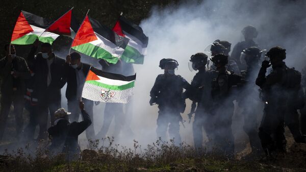 Forças de Defesa de Israel (FDI) jogam bombas de gás lacrimogêneo contra palestinos durante protesto - Sputnik Brasil