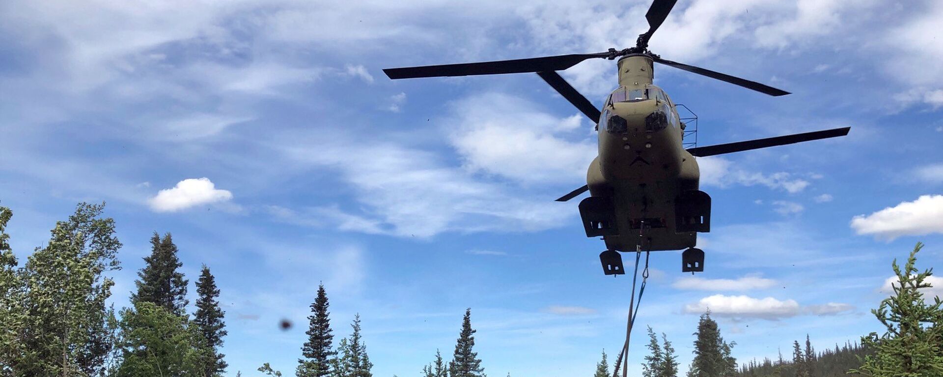 Militares do Exército da Guarda Nacional do Alasca usam helicóptero CH-47 Chinook durante missão de treinamento para remover ônibus abandonado, popularizado pelo livro e filme Na Natureza Selvagem, de sua localização no interior do Alasca, EUA, 18 de junho de 2020 - Sputnik Brasil, 1920, 31.07.2022
