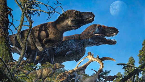 Par de tiranossauros adultos e seus jovens vivendo no Ártico durante o período Cretáceo (imagem ilustrativa) - Sputnik Brasil