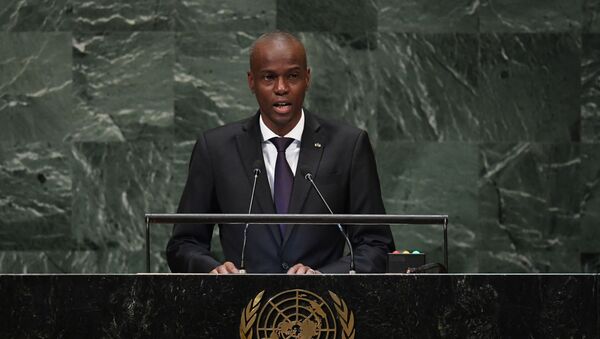 Jovenel Moïse, presidente do Haiti, discursa na 73ª sessão da Assembleia Geral nas Nações Unidas em Nova York, EUA, em 2018. Foto de arquivo - Sputnik Brasil
