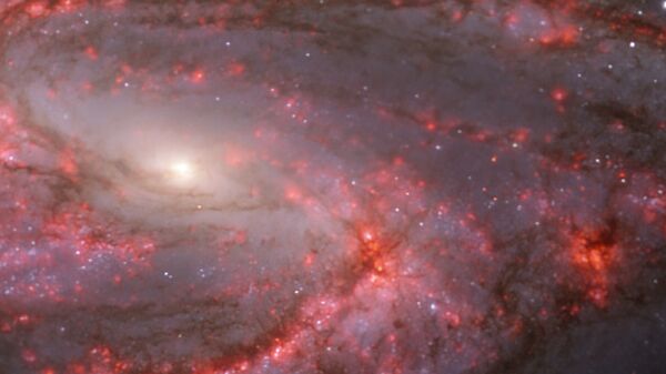 Galáxia NGC 3627 próxima à Via Láctea. Os clarões avermelhados brilhantes mapeiam nuvens quentes de hidrogênio (Hα), marcando a presença de estrelas recém-nascidas, enquanto as regiões azuis (uma combinação de filtros verdes, vermelhos e infravermelhos) revelam a distribuição de estrelas ligeiramente mais velhas - Sputnik Brasil