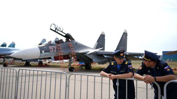 Caça russo Su-30 no Salão Aeroespacial Internacional MAKS 2021, 21 de julho de 2021 - Sputnik Brasil