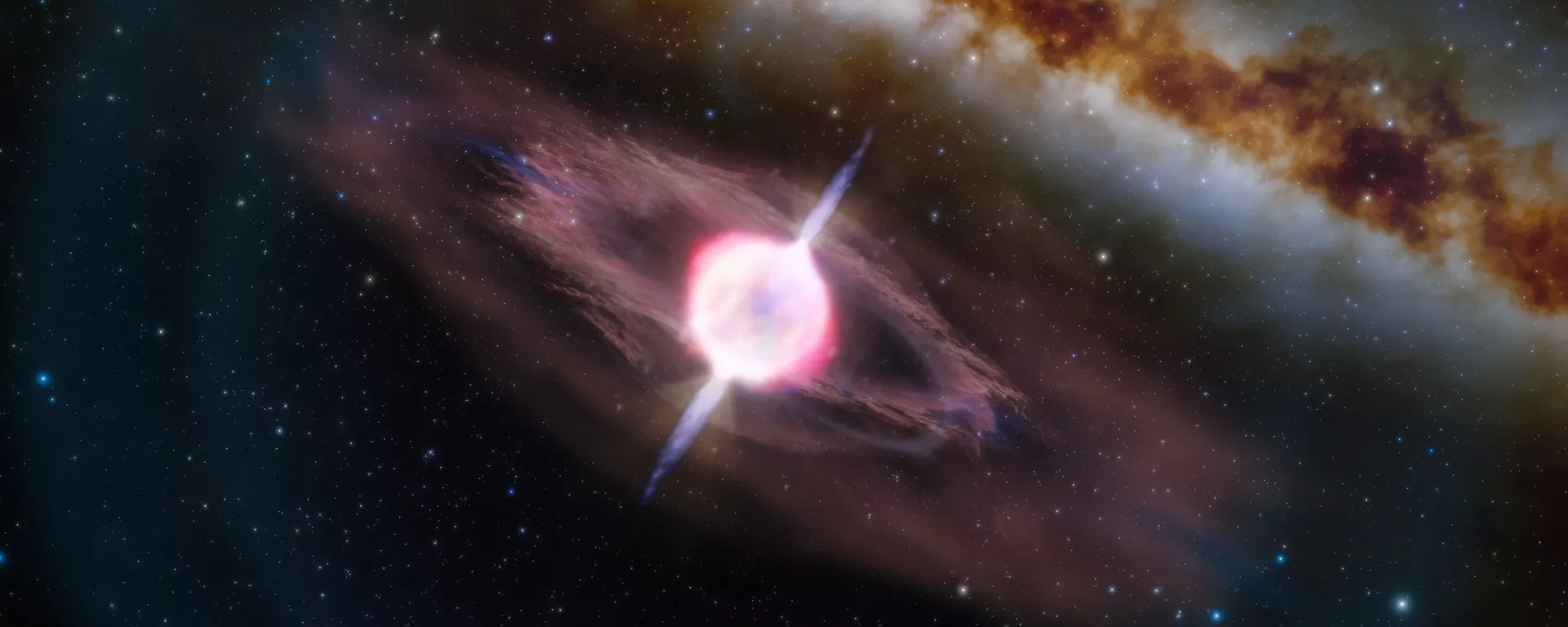 Representação artística de uma supernova em colapso gerando emissão curta de raios gama Representação artística de uma supernova em colapso gerando emissão curta de raios gama - Sputnik Brasil, 1920, 21.10.2025