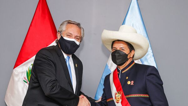 Novo presidente do Peru Pedro Castillo (à direita) e presidente da Argentina Alberto Fernández apertam mãos durante cerimônia de posse em Lima, 28 de julho de 2021 - Sputnik Brasil