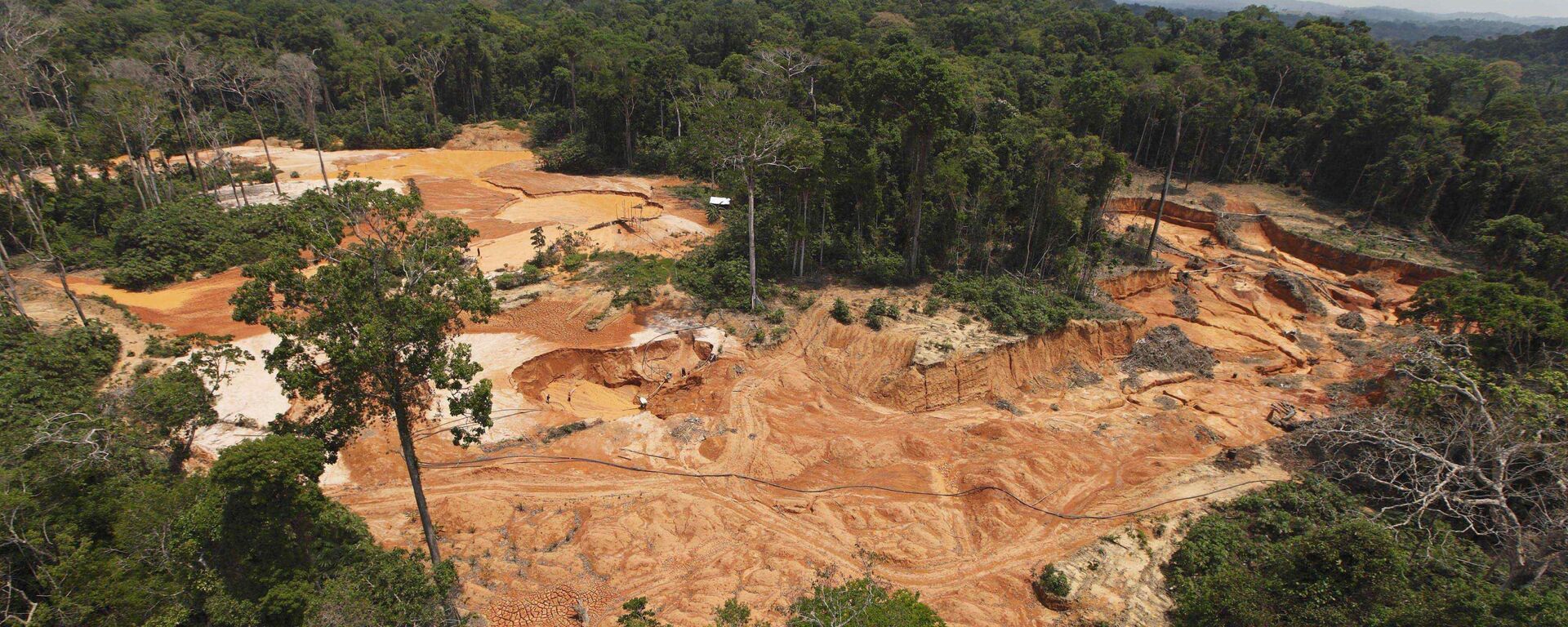 Mina de ouro ilegal é vista em uma floresta do parque nacional perto de Novo Progresso, no estado do Pará, no norte do Brasil. A não preservação do meio ambiente por parte do governo brasileiro é um dos maiores entraves para ratificação do acordo Mercosul-UE (foto de arquivo) - Sputnik Brasil, 1920, 07.12.2021