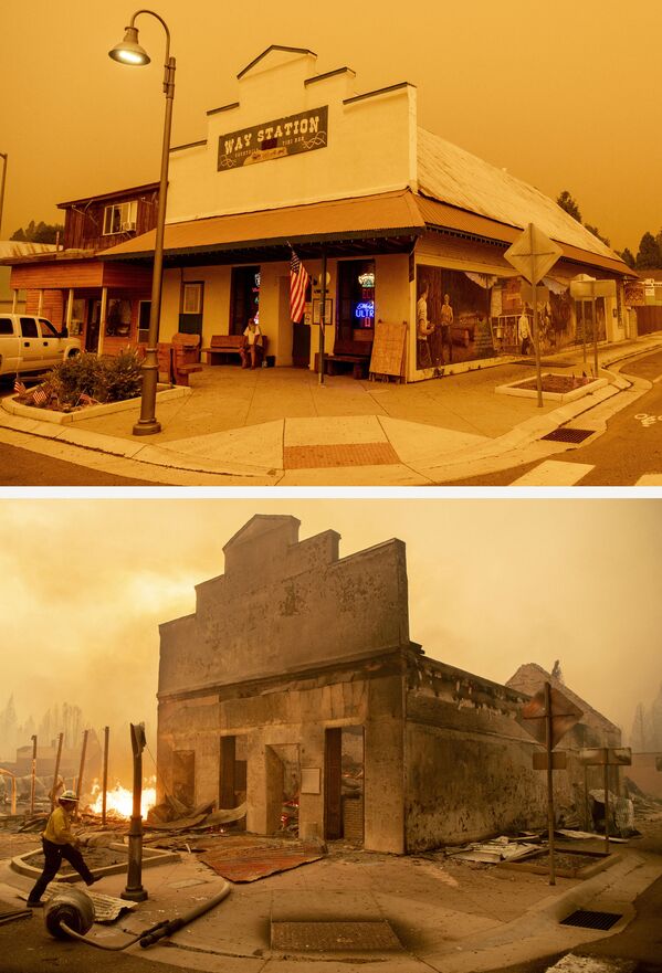 Bar Way Station antes de arder e após o incêndio Dixie, em 23 de julho e 4 de agosto de 2021, na cidade de Greenville, Califórnia, EUA - Sputnik Brasil