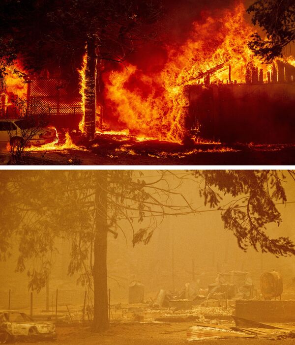 Casa em chamas e os restos do edifício em fotos de 5 de agosto e 6 de agosto de 2021, na cidade de Greenville, Califórnia, EUA - Sputnik Brasil
