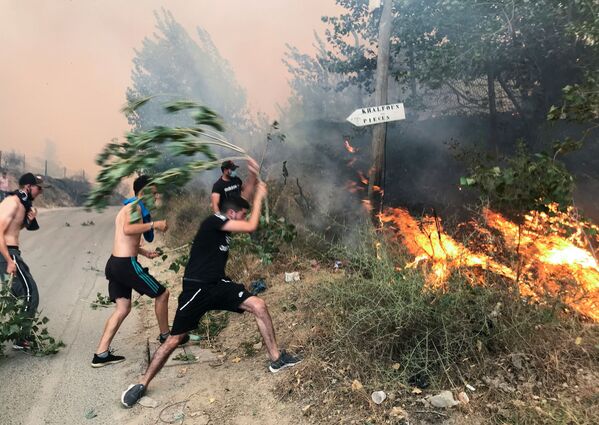 Várias pessoas tentam apagar um incêndio em uma montanha da província de Tizi Ouzou, a leste de Argel, na Argélia, 10 de agosto de 2021 - Sputnik Brasil