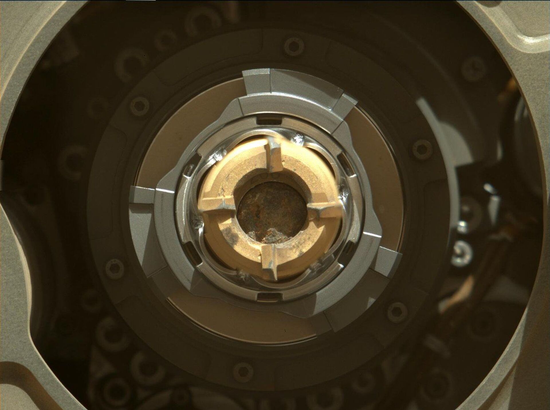 Imagem do Mastcam-Z mostra uma amostra de rocha de Marte dentro de tubo de amostra em 1º de setembro de 2021 (o 190º sol, ou dia marciano, da missão), logo após operação de perfuração, mas antes de uma operação que vibra a broca e o tubo para limpar o lábio do tubo de qualquer material residual - Sputnik Brasil, 1920, 09.11.2021