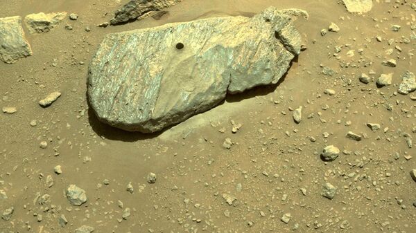 Composto de duas imagens obtidas por uma das câmeras de navegação do rover Perseverance da NASA mostra o buraco perfurado durante sua segunda tentativa de coleta de amostras. As imagens, tiradas em 1º de setembro de 2021 (no 190º sol, ou dia marciano, da missão) na unidade geológica Cratera de Piso Fraturado Rugoso na Cratera Jezero de Marte. A equipe de pesquisa apelidou a rocha de Rochette e o local na rocha onde a amostra foi obtida de Montdenier - Sputnik Brasil