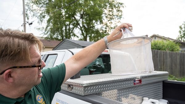 Matthew Vanderpool, especialista em saúde ambiental, segura uma armadilha de mosquitos em 25 de agosto de 2021 em Louisville, Kentucky, EUA - Sputnik Brasil