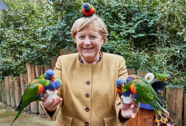 Chanceler alemã Angela Merkel alimentando pássaros no Parque das Aves em Marlow, no norte da Alemanha, em 23 de setembro de 2021. - Sputnik Brasil