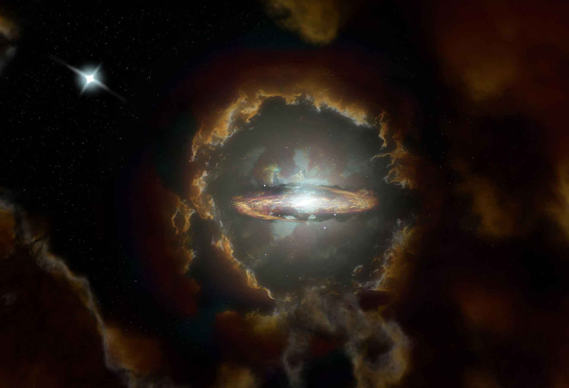 Representação artística de uma galáxia nos primórdios do Universo Representação artística de uma galáxia nos primórdios do Universo