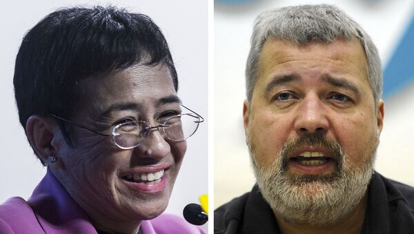 Os laureados do Prêmio Nobel da Paz de 2021 Maria Ressa e Dmitry Muratov - Sputnik Brasil