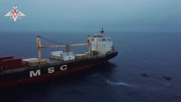 Navio porta-contêineres MSC Lucia atacado no golfo de Guiné (screenshot de vídeo) - Sputnik Brasil