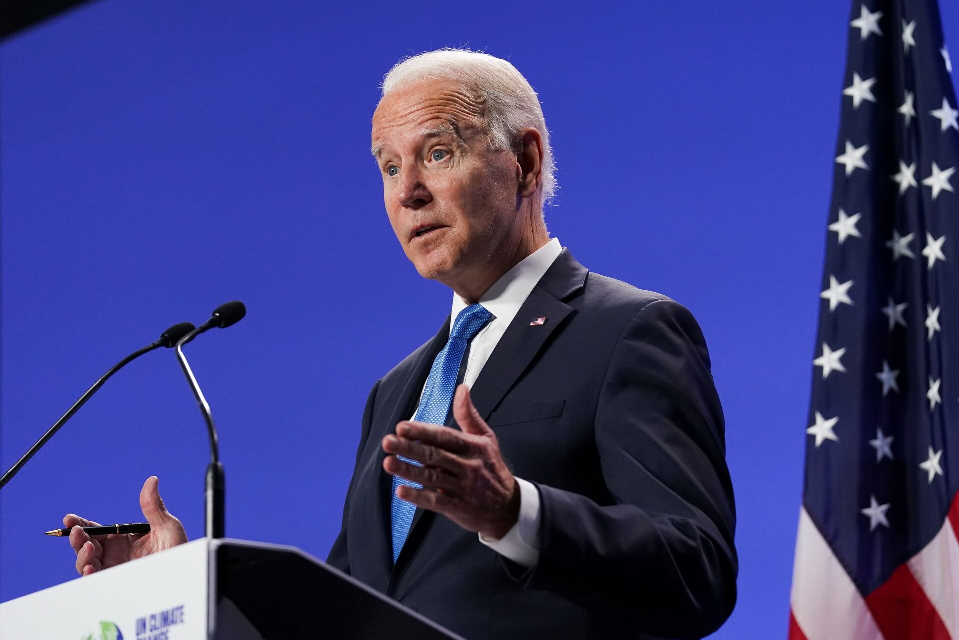 O presidente dos Estados Unidos, Joe Biden, fala durante uma entrevista coletiva na Conferência das Nações Unidas sobre Mudança Climática (COP26) em Glasgow, Escócia, Grã-Bretanha, 2 de novembro de 2021 - Sputnik Brasil, 1920, 18.11.2021