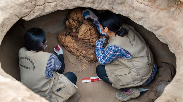 Múmia encontrada no complexo arqueológico de Cajamarquilla pela equipe de arqueólogos da Universidade de San Marcos, Lima - Sputnik Brasil