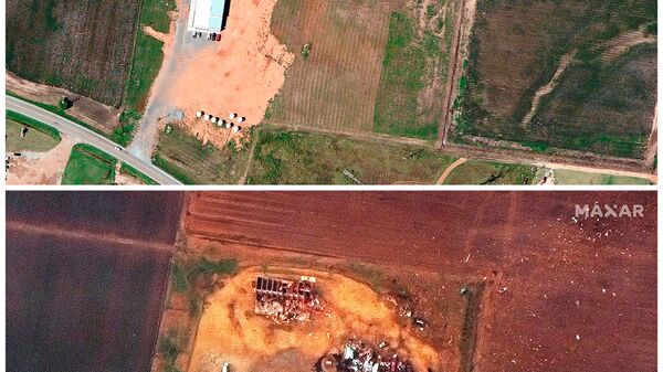 Фотографии ферм до и после прохождения торнадо по территории штата Арканзас в США  - Sputnik Brasil