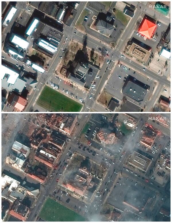 Uma combinação de imagens de satélite mostra o tribunal do condado em Mayfield, Kentucky, EUA, antes e depois de um surto devastador de tornados atingir vários estados dos EUA, 28 de janeiro de 2017 (topo) e 11 de dezembro de 2021. - Sputnik Brasil