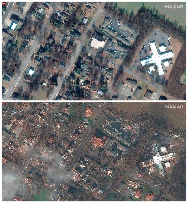Uma combinação de imagens de satélite mostra casas e edifícios em Mayfield, Kentucky, EUA, antes e depois de um surto devastador de tornados atingir vários estados dos EUA, 28 de janeiro de 2017 (topo) e 11 de dezembro de 2021. - Sputnik Brasil