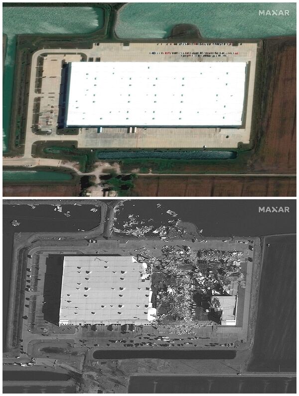 Uma combinação de imagens de satélite mostra o armazém e os edifícios da Amazon em Edwardsville, Illinois, EUA, antes e depois de um surto devastador de tornados atingir vários estados dos EUA, 24 de setembro de 2021 (topo) e 11 de dezembro de 2021. - Sputnik Brasil