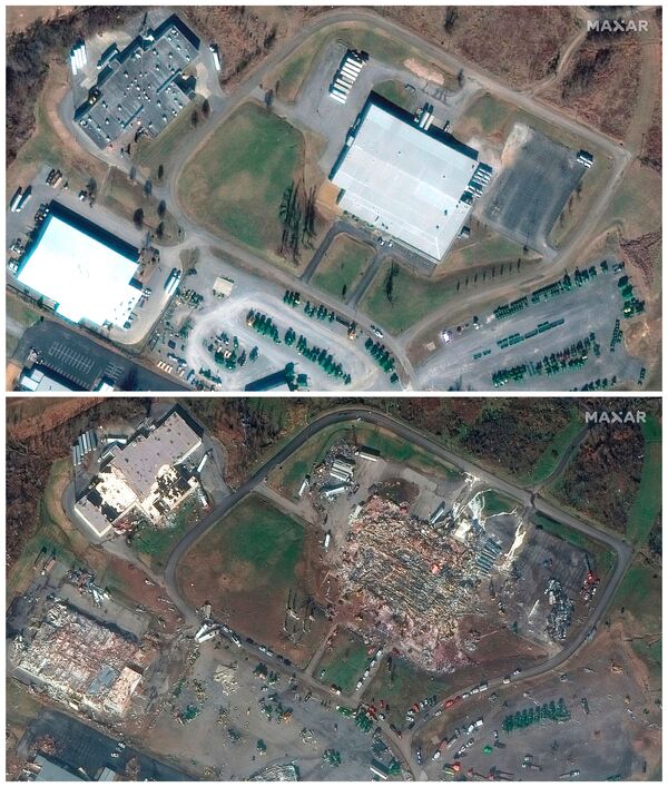 Uma combinação de imagens de satélite mostra a fábrica de velas da Mayfield Consumer Products e edifícios próximos em Mayfield, Kentucky, EUA, antes e depois de um surto devastador de tornados atingir vários estados dos EUA em 28 de janeiro de 2017 (topo) e 11 de dezembro de 2021. - Sputnik Brasil