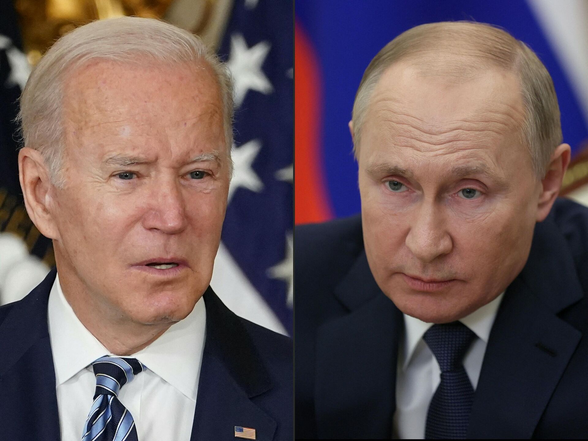 Esta combinação de fotos, criada em 6 de dezembro de 2021, mostra o presidente dos EUA Joe Biden durante uma cerimônia na Casa Branca, em Washington, em 18 de novembro de 2021, e o presidente russo Vladimir Putin em um congresso, em Moscou, em 4 de dezembro, 2021 - Sputnik Brasil, 1920, 14.02.2022