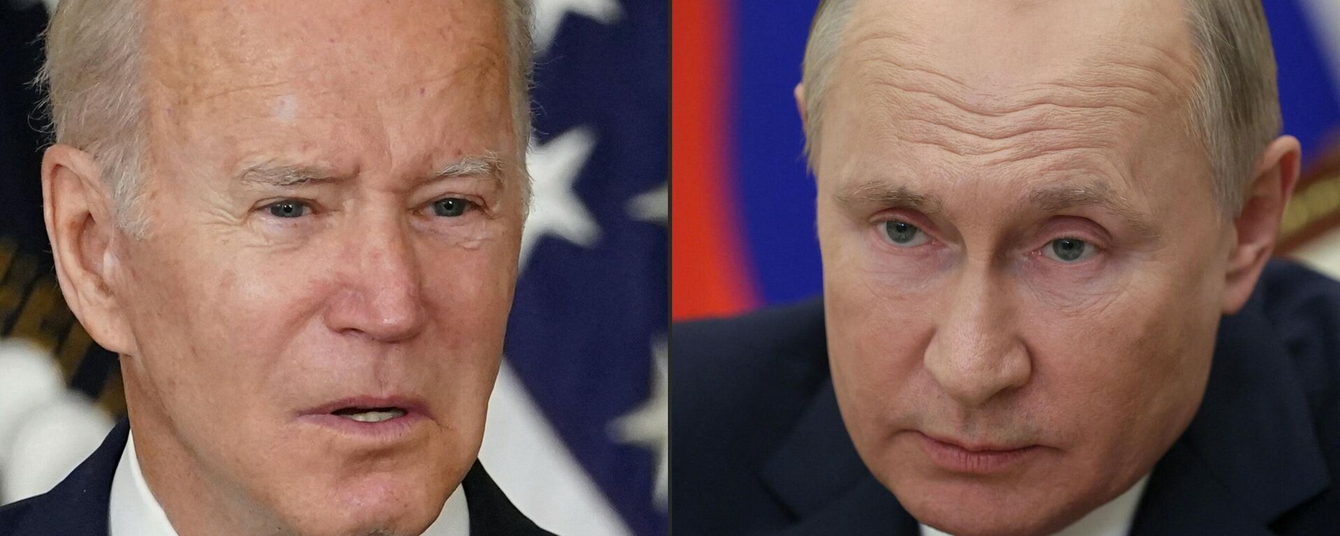 Esta combinação de fotos, criada em 6 de dezembro de 2021, mostra o presidente dos EUA Joe Biden durante uma cerimônia na Casa Branca, em Washington, em 18 de novembro de 2021, e o presidente russo Vladimir Putin em um congresso, em Moscou, em 4 de dezembro, 2021 - Sputnik Brasil, 1920, 26.01.2022
