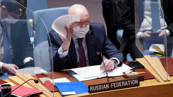 Embaixador da Rússia na ONU, Vasily Nebenzya, fala no Conselho de Segurança das Nações Unidas em 31 de janeiro de 2022. - Sputnik Brasil